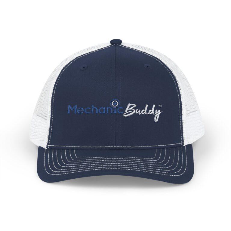 Mechanic Buddy Snapback Trucker Cap front blue and white